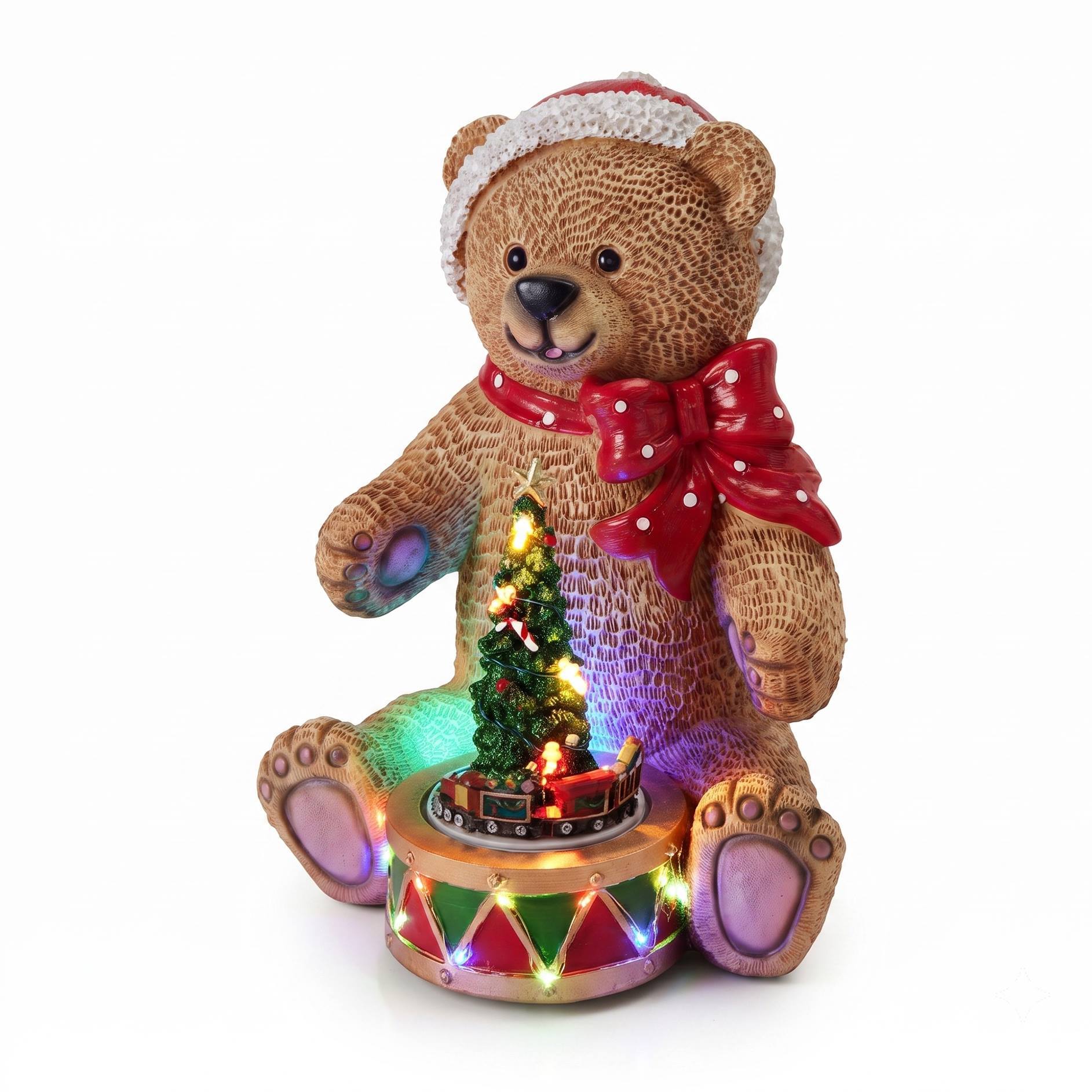 Oso navideño decorativo con tambor, luces led, movimiento y música con 8 villancicos, con usb incluido 19x19x25 cm