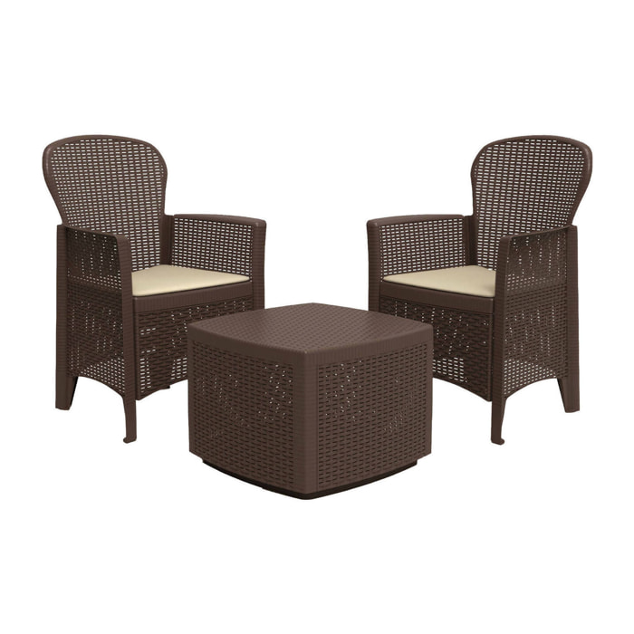 Set salotto da esterno Anny, Composizione da giardino con 2 poltrone ed 1 tavolino contenitore, Salottino effetto rattan, 100% Made in Italy, Marrone
