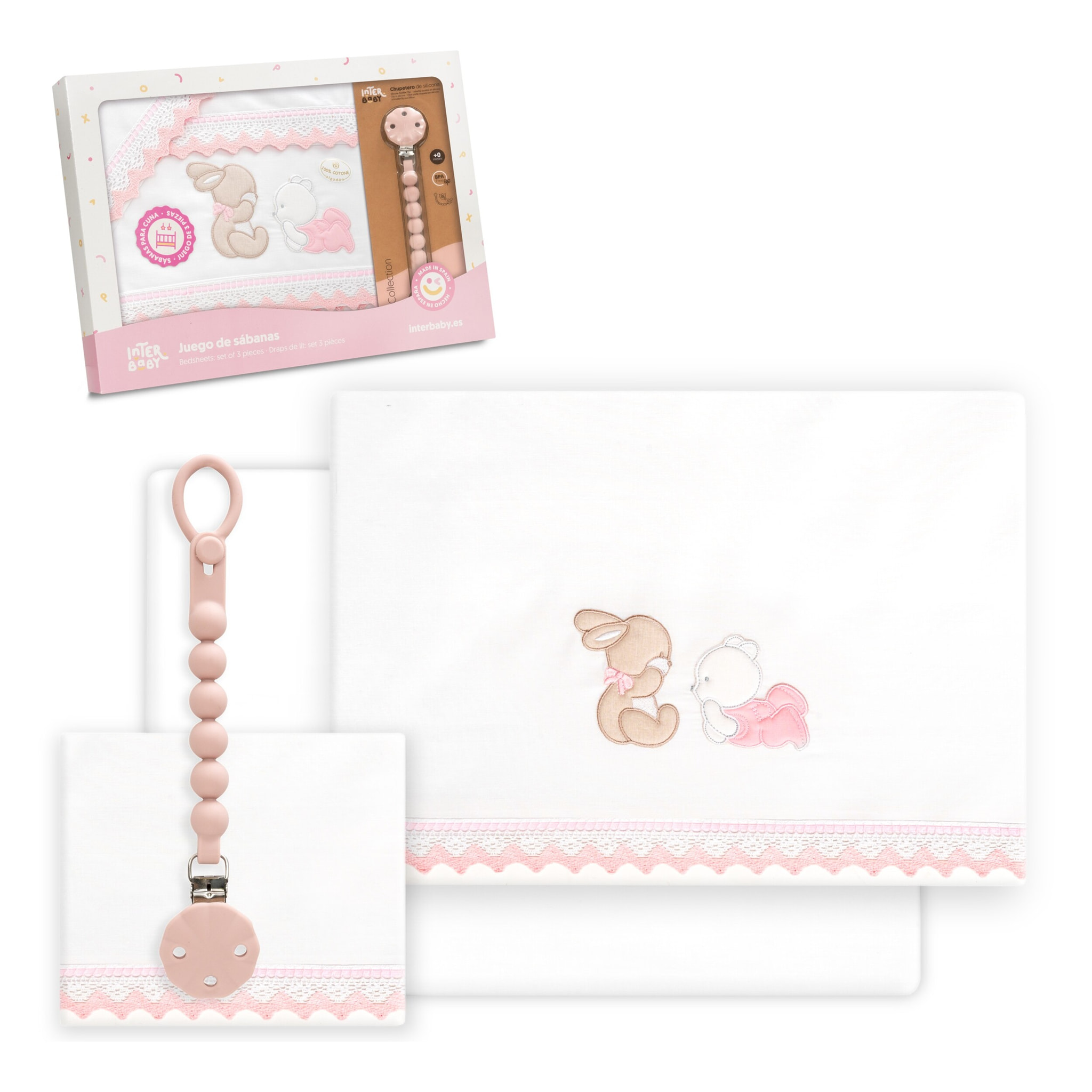 Triptico Cuna Guipur Oso Tumbado Conejito + Broche Bco/Rosa