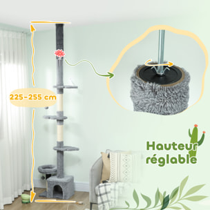 Arbre à chat du sol au plafond H.225-255cm - arbre à chat tour réglable - niche, plateformes, griffoirs, boules - gris