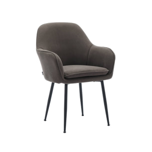 Fauteuil en velours côtelé gris foncé et pieds en métal noir mat. L 57 x P 59 x H 84.5