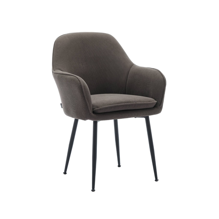 Fauteuil en velours côtelé gris foncé et pieds en métal noir mat. L 57 x P 59 x H 84.5