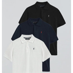 Pack hombre de tres polos azul marino, blanco y negro de piqué con bordado Rigby Go