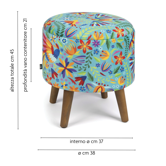 Pouf contenitore in velluto e legno Excelsa Mexican Flowers 38x38x45 cm multicolore
