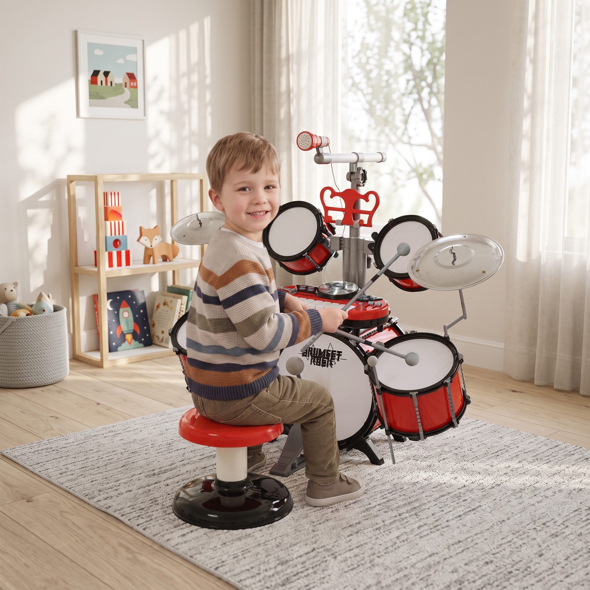 Kit de batterie enfant drum set avec tabouret micro connexion USB et accessoires