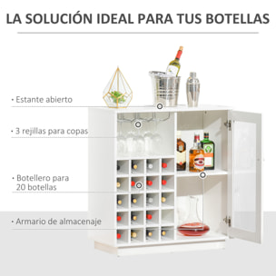 Aparador de Cocina con Botellero para 20 Botellas Armario Auxiliar con 1 Puerta de Cristal Estantes y Soporte de Copas de Vino para Comedor Bar 80x36x85 cm Blanco