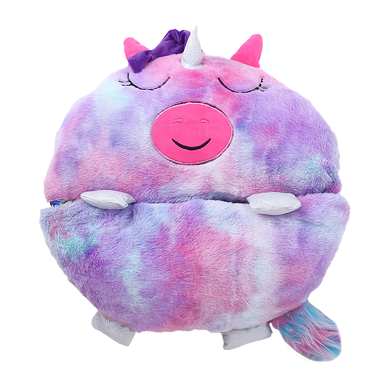 Saco de dormir convertible en almohada, para niños, Unicornio Multicolor Violeta. Tacto peluche. Grande /L: 170x70cm.