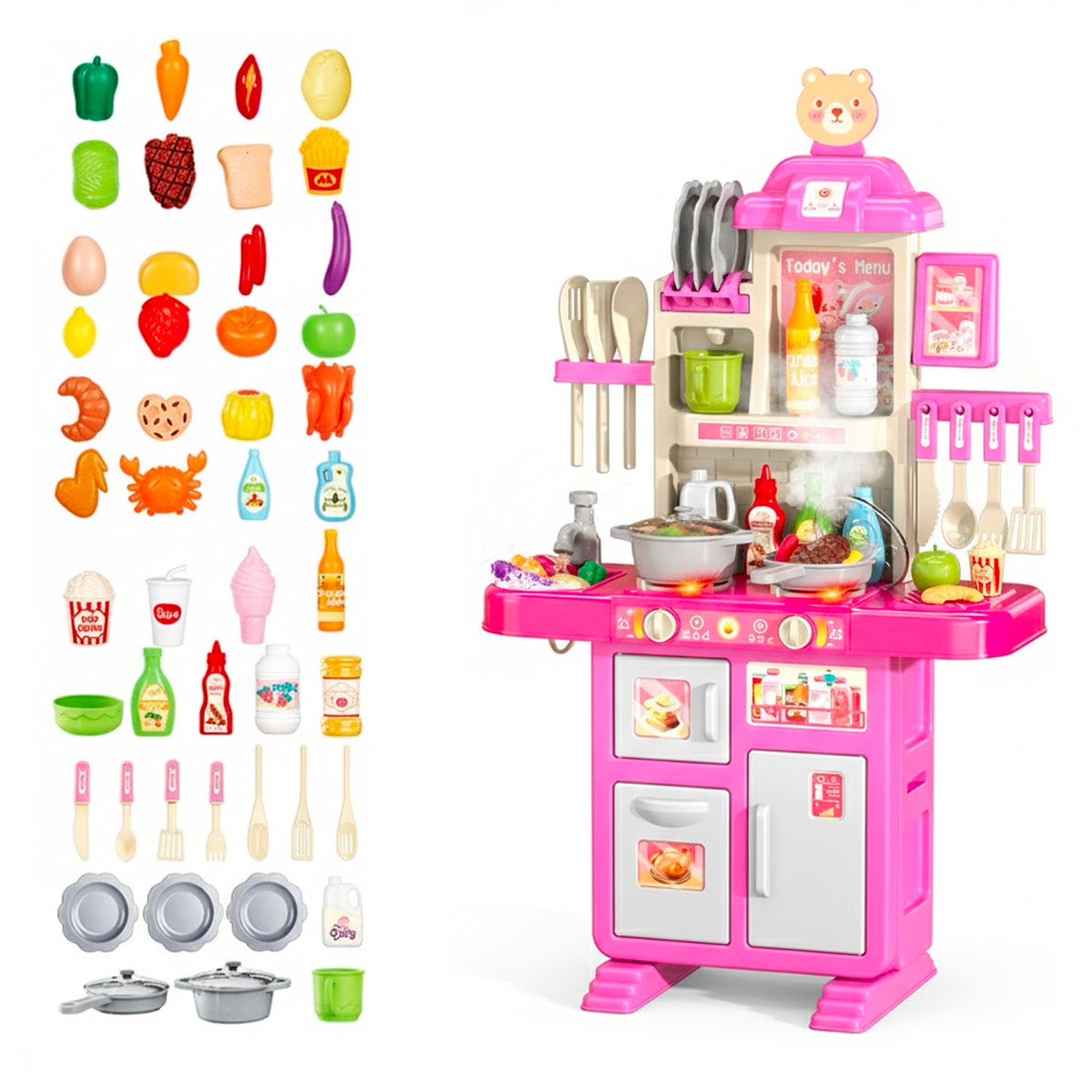 Cucina Giocattolo Per Bambini Con Luci E Suoni Realistici 69 Accessori Rubinetto Con Sistema Di Riciclo Dell'Acqua E Fornelli 3-5 Anni Rosa e Bianco