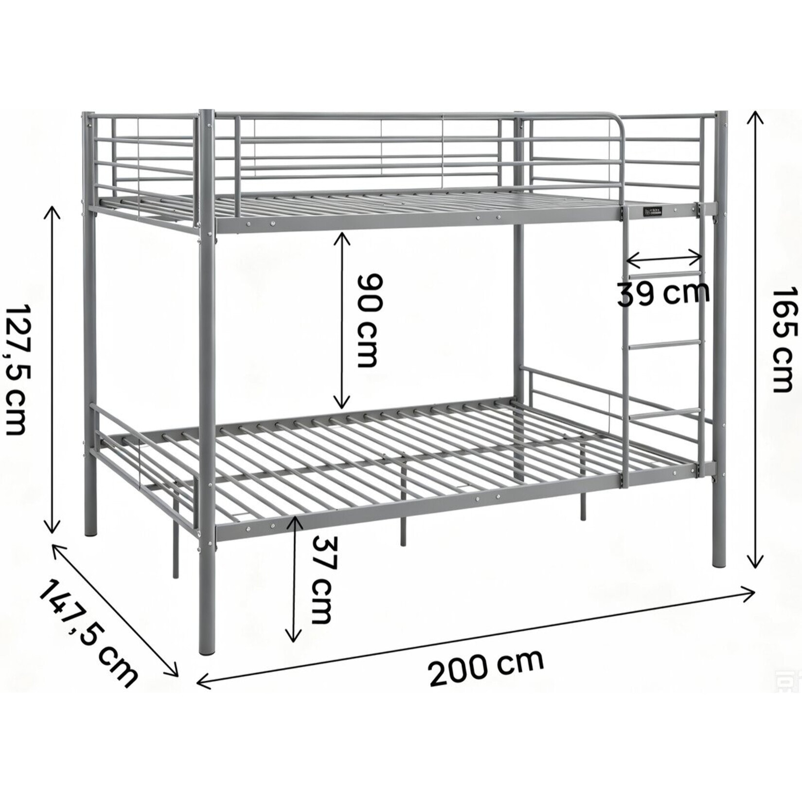 Lit double superposé avec sommier inclus "Adam" - 140 x 190 cm - Gris