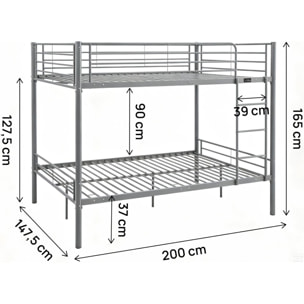 Lit double superposé avec sommier inclus "Adam" - 140 x 190 cm - Gris