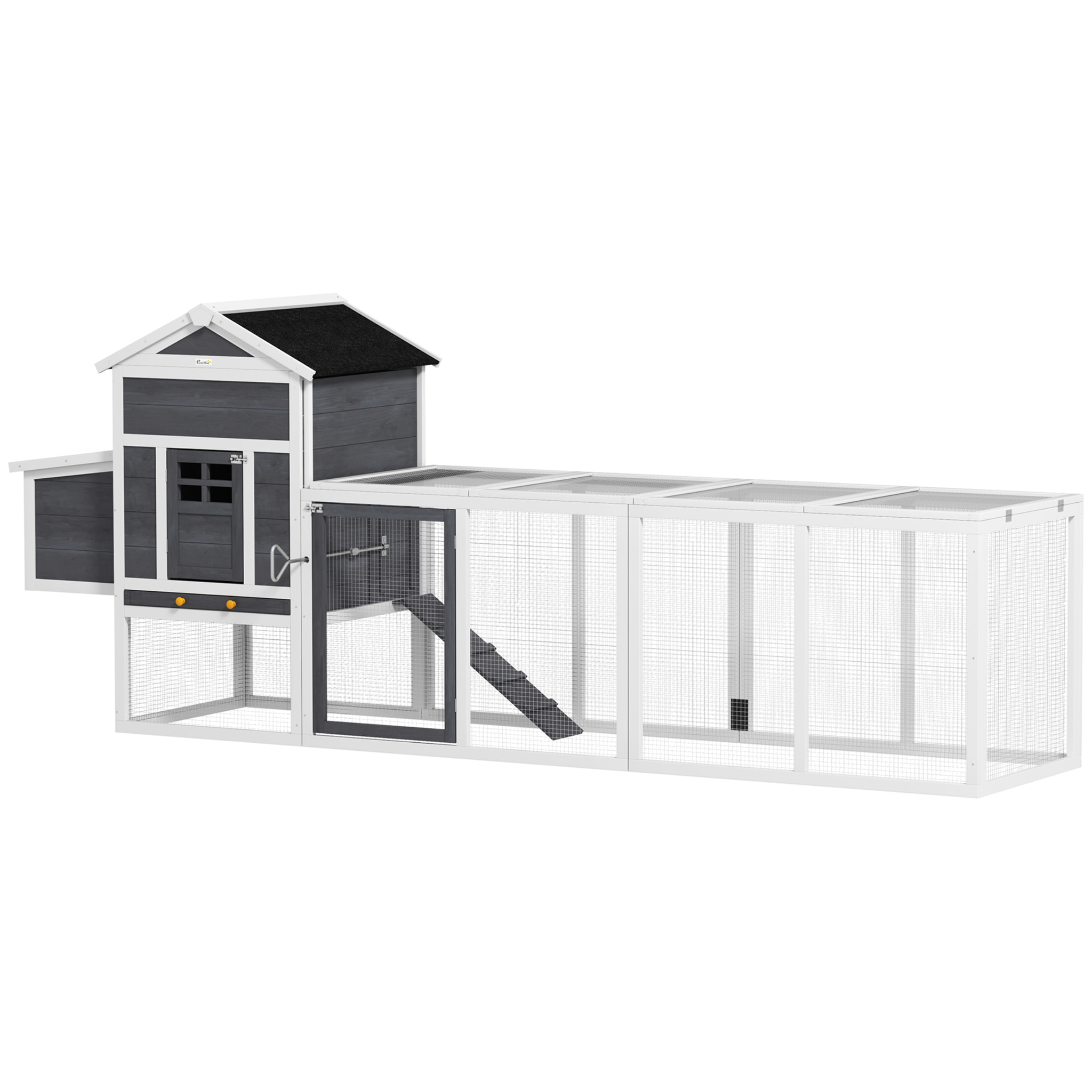 Gallinero para Exterior Gallinero de Madera Jaula Grande para 3-6 Gallinas con Ponedero Techo Asfáltico Bandeja Extraíble y Rampa 297,5x68x118 cm Gris y Blanco