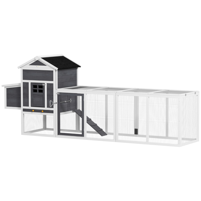 Gallinero para Exterior Gallinero de Madera Jaula Grande para 3-6 Gallinas con Ponedero Techo Asfáltico Bandeja Extraíble y Rampa 297,5x68x118 cm Gris y Blanco
