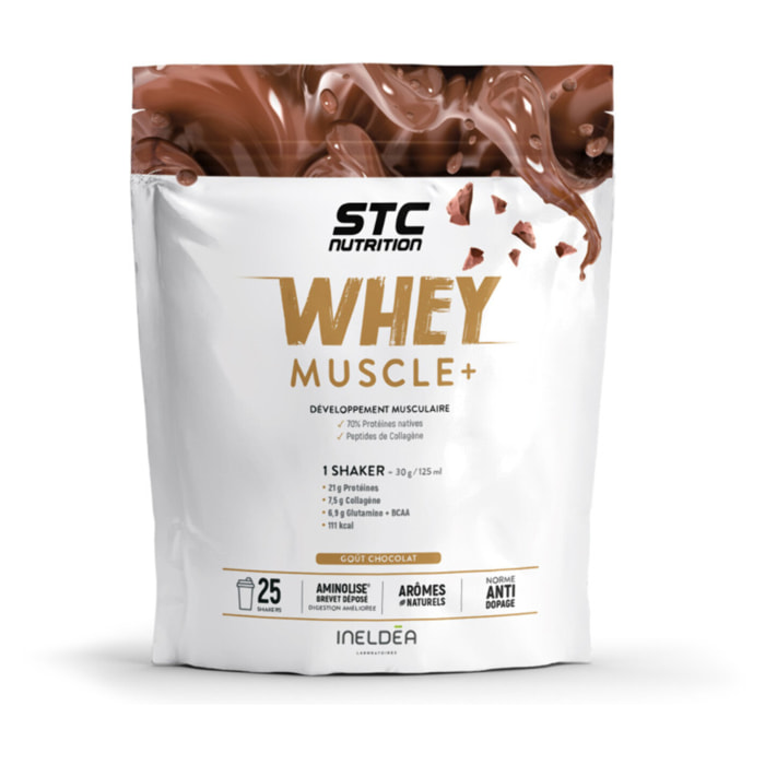 STC NUTRITION - Whey Muscle+ - Protéines Natives - Développement Muscle Sec - Innovation Brevetée Aminolise 100% Digeste - Sans Colorants, Sans Gluten - Chocolat - 25 Shakers - Doypack 750g