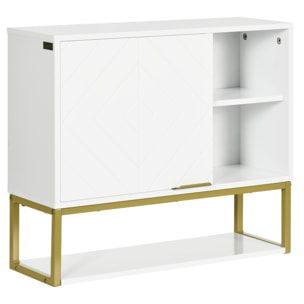 Armoire murale de salle de bain - porte, 2 étagères, 2 niches - acier doré MDF blanc