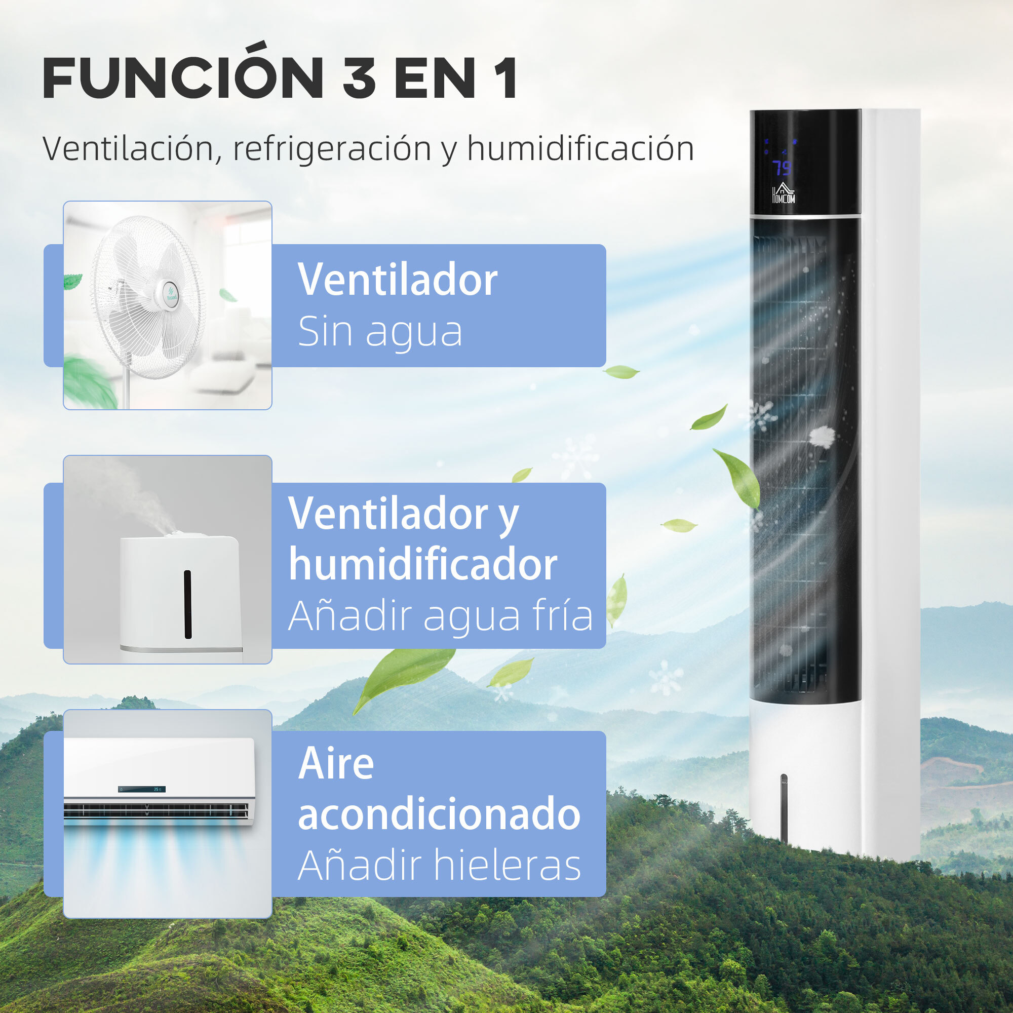 HOMCOM Enfriador de Aire 3 en1 Oscilante Humificador con Control Remoto Pantalla LED 3 Velocidades 3 Modos y Temporizador 12h Ventilador de Torre sin Aspas 33x26x105 cm Blanco y Negro