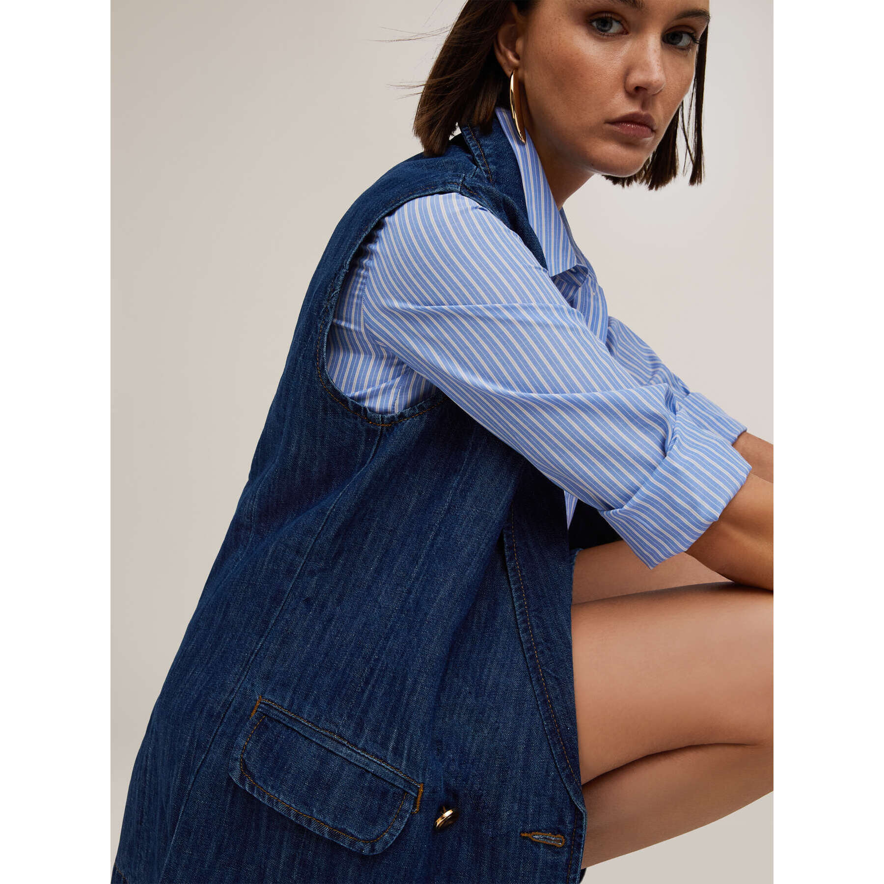 Motivi - Gilet doppiopetto over in denim misto lino - Blu