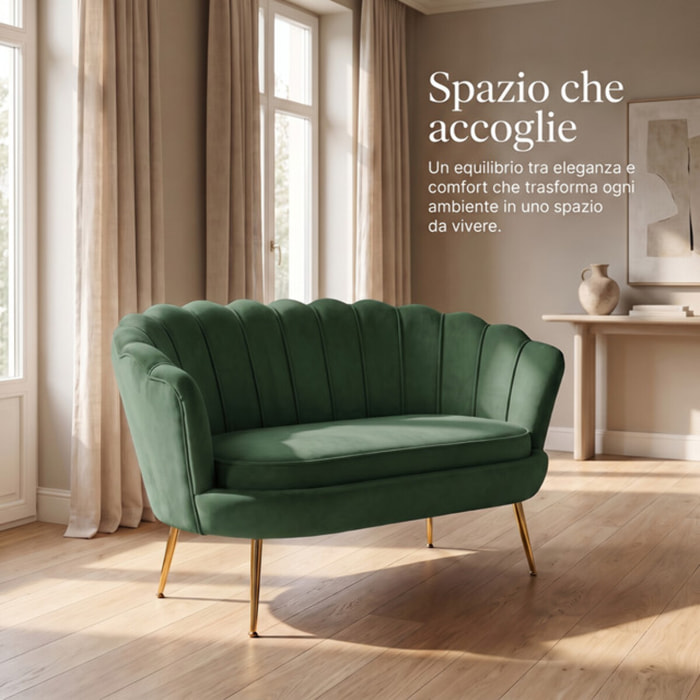 Divano 2 Posti in Velluto con Schienale a Ventaglio, Seduta Imbottita dallo Stile Elegante per Soggiorno, Studio e Camera da Letto