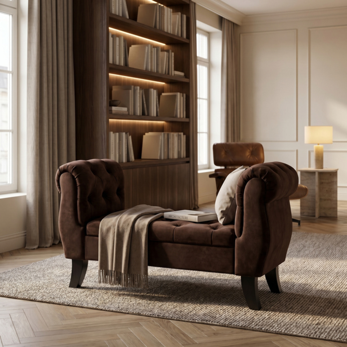 Divanetto Contenitore Imbottito in Effetto Velluto con Vano Contenitore Integrato, Seduta Elegante dallo Stile Classico per Camera da Letto, Ingresso e Soggiorno