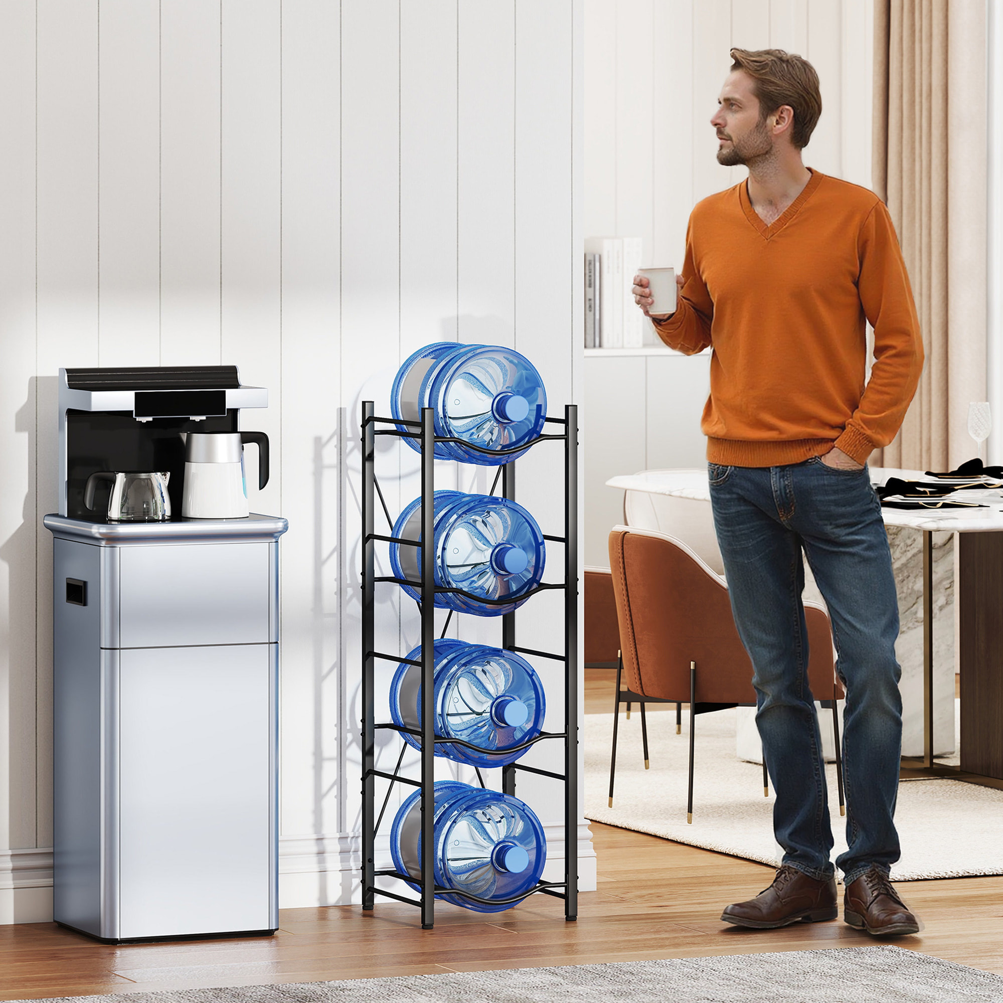 Soporte para Garrafones de Agua de 4 Niveles Estante de Almacenamiento para Botellas de Agua con Estructura de Metal Reforzada para Cocina Comedor Sala de Estar Negro