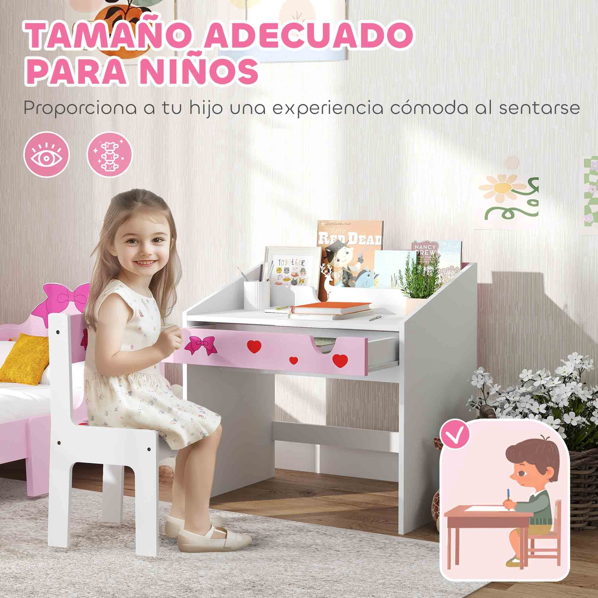 Juego de Escritorio y Silla para Niños de +3 Años Pupitre Infantil con Cajón Extraíble y Compartimento para Dormitorio Sala Estudio Rosa y Blanco
