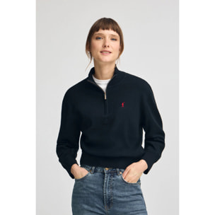 Maglione blu marino in misto lana con collo con mezza cerniera e ricamo Rigby Go