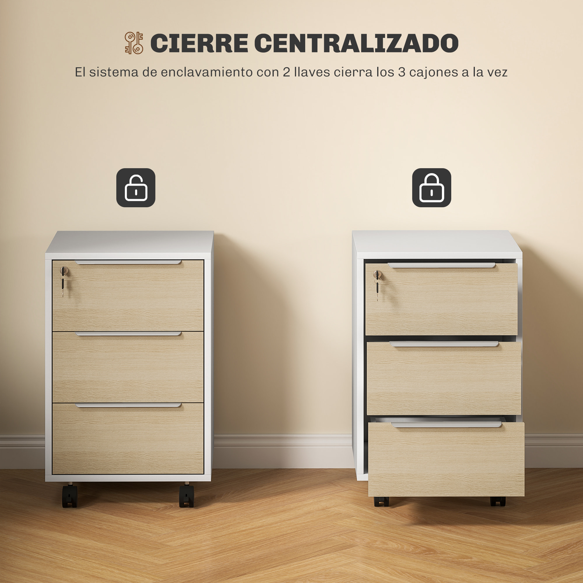 Cajonera de Oficina Mueble Archivador con Ruedas 3 Cajones Cerradura y 2 Llaves para Estudio Salón 40x40x63,5 cm Blanco y Roble