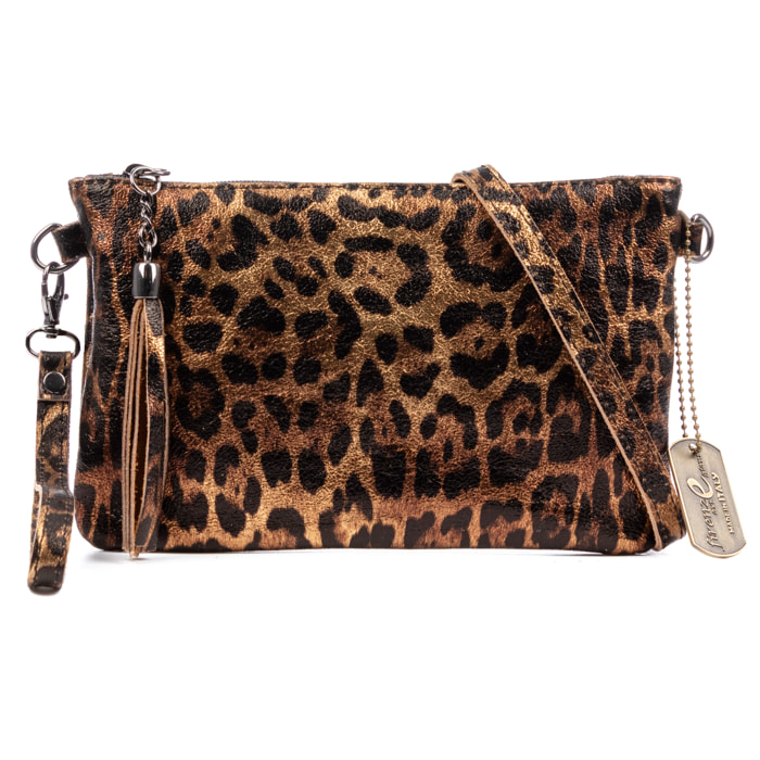 Oleggio bolso bandolera mujer. Piel auténtica Gamuza con estampado de animal print leopardo y lacada brillante.