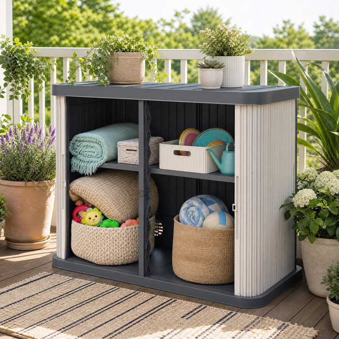 Coffre rangement extérieur 480L 2 niv. portes coulissantes gris