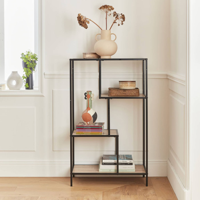 Etagère en métal noir et décor bois - Loft - bibliothèque 4 niveaux. L 69 x l 33 x H 113.5cm