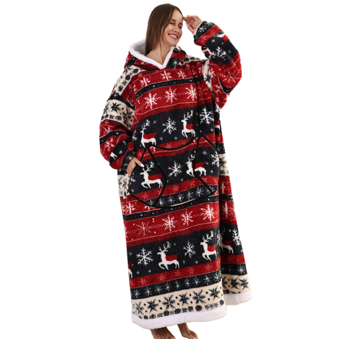 Robe in stile felpa e coperta in pile extra morbido. Tripla tasca frontale a kangaroo. Design lungo di renna natalizia.
