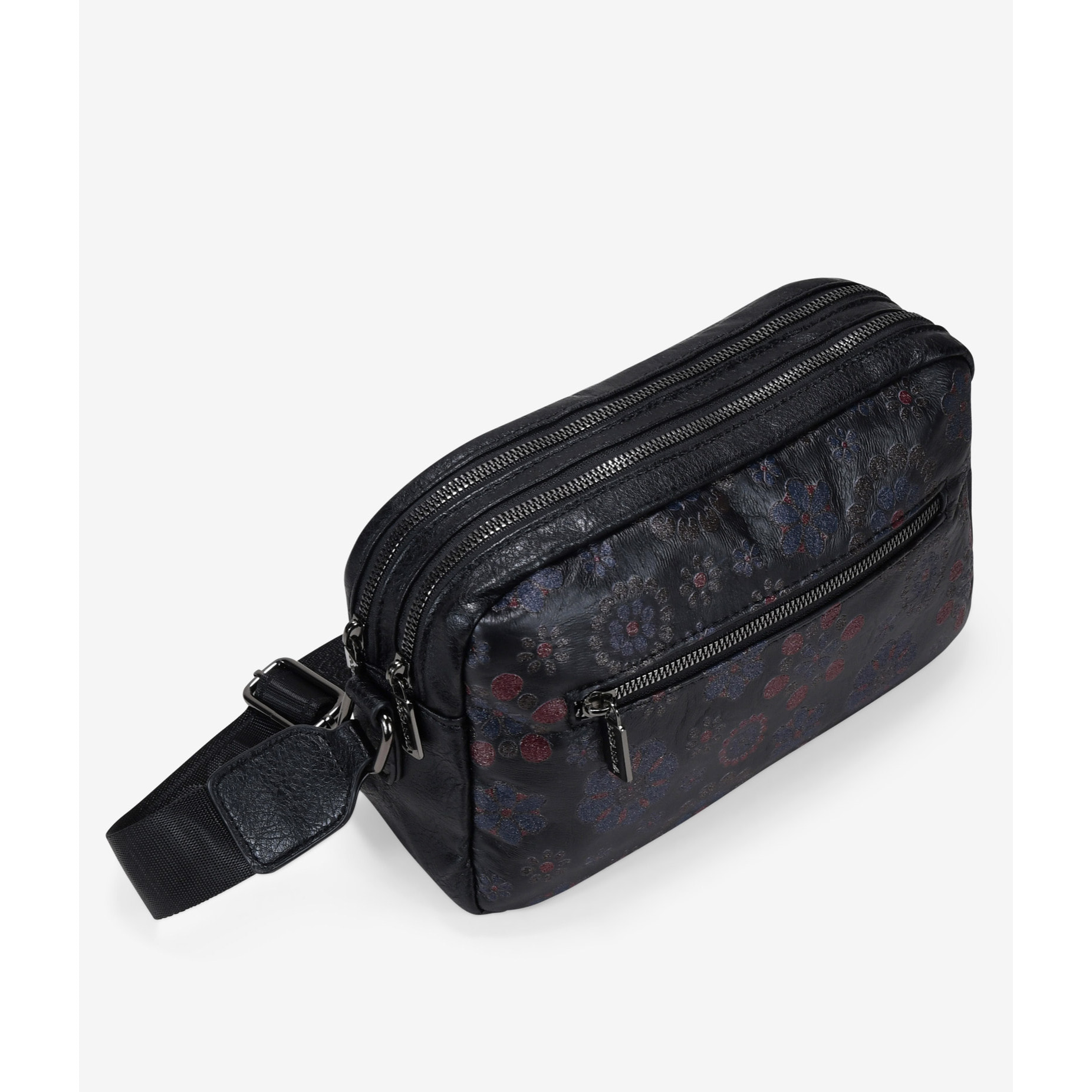 Bolso bandolera negro con estampado floral