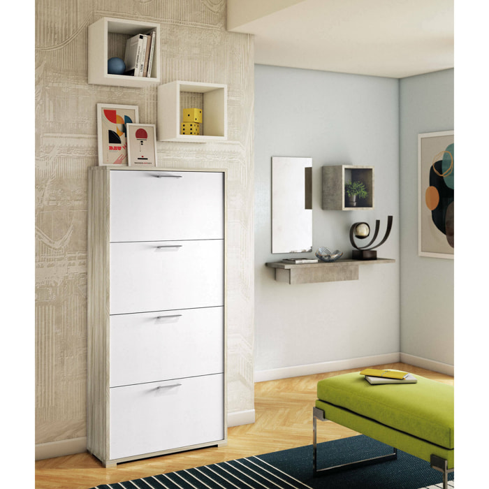Scarpiera Adeindein, Mobile multiuso da ingresso con 4 ante a ribalta, Armadietto portascarpe a doppia profondità, 100% Made in Italy, 67x28h147 cm, Bianco e Olmo