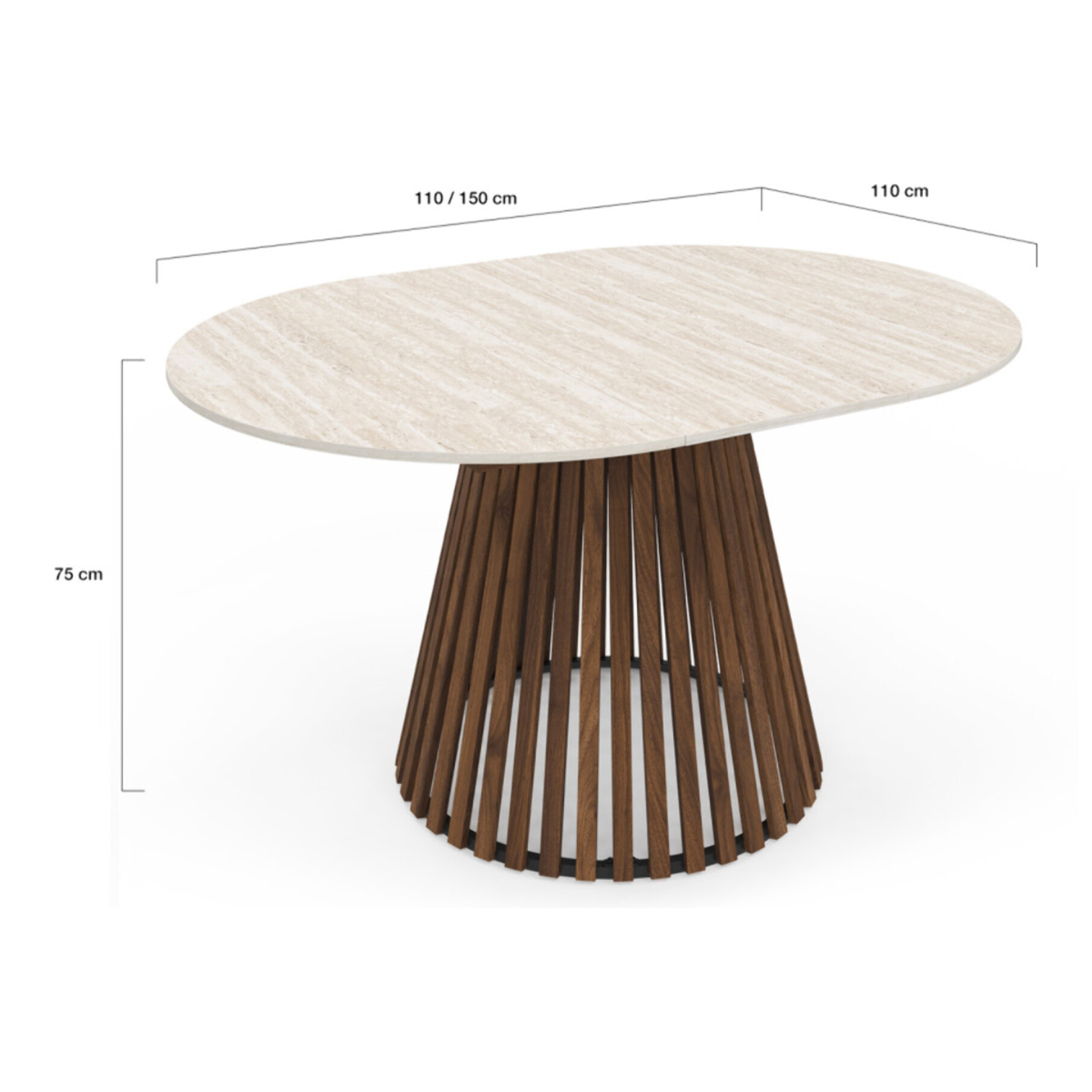 Table à manger ronde extensible Camélia effet travertin et pied lattes Ø110-150cm