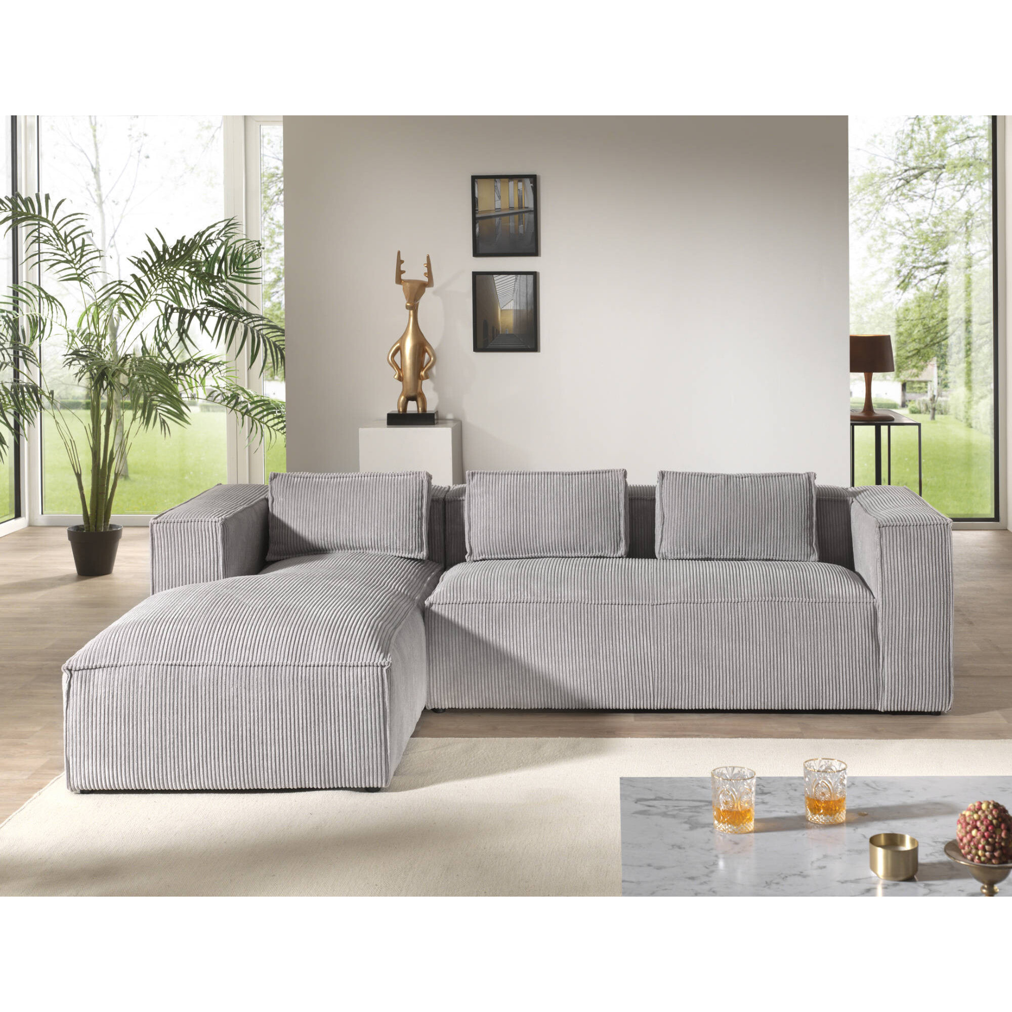 Stella - canapé d'angle gauche en velours côtelé - 4 places - Gris clair