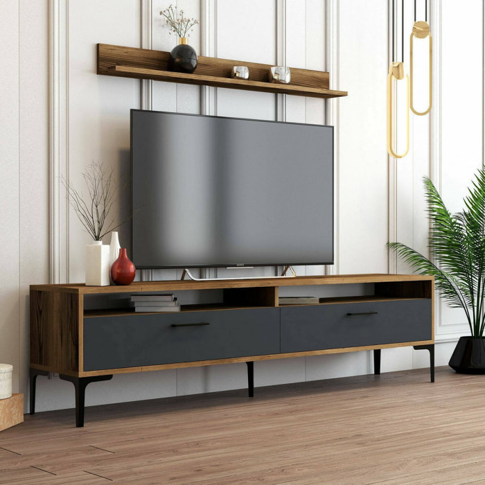Parete attrezzata Oho, Composizione soggiorno, Mobile salotto multiuso, Armadio porta TV, 180x35h47 cm, Noce e Antracite