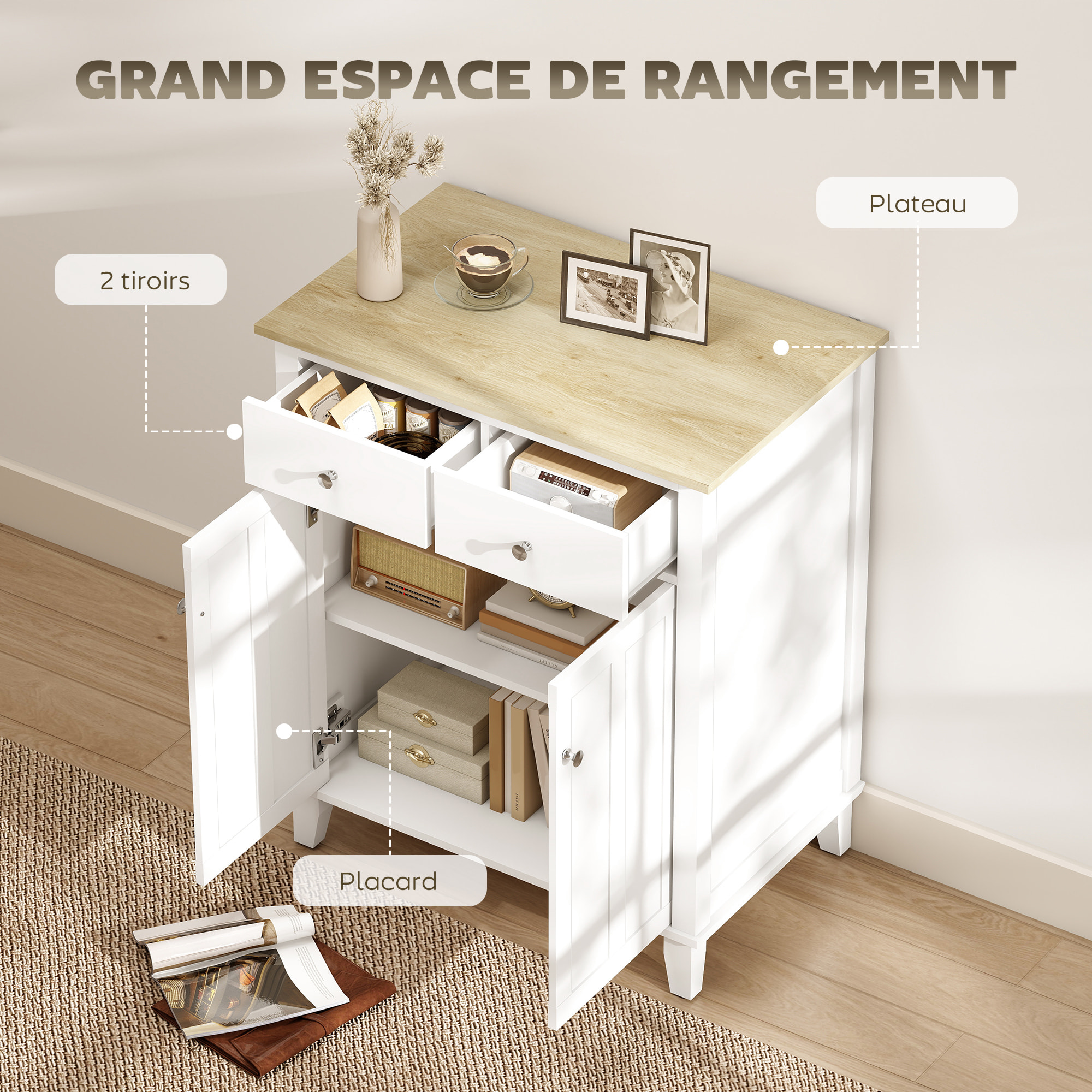 Buffet multi-rangement 2 portes étagère 2 tiroirs coulissants blanc aspect bois clair