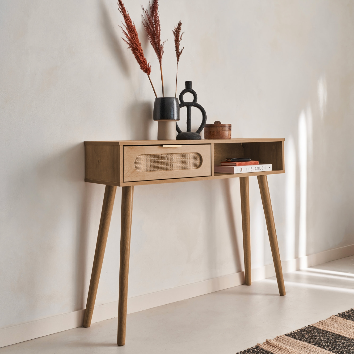 Console scandinave décor bois et cannage arrondi 1 tiroir EVA