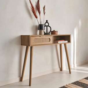 Console scandinave décor bois et cannage arrondi 1 tiroir EVA