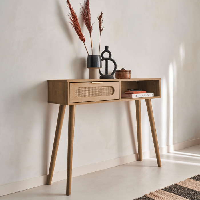 Console scandinave décor bois et cannage arrondi 1 tiroir EVA