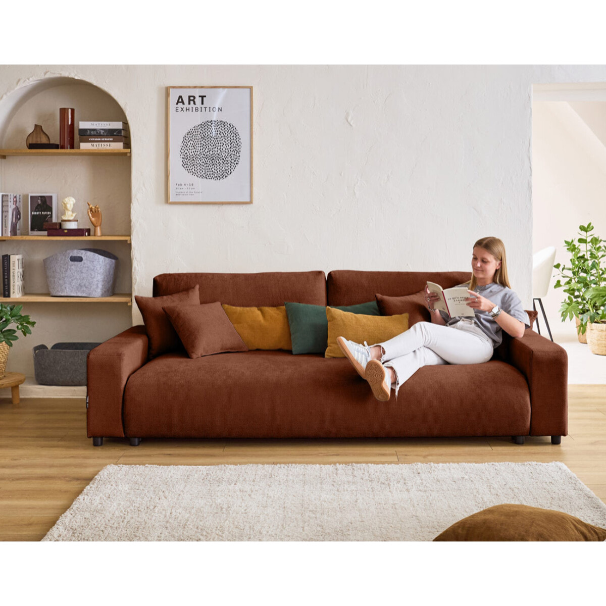 Pivoine - canapé droit 3 places - convertible avec coffre - en velours texturé - Terracotta