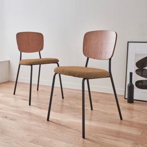 Lot de 2 chaises assise bouclette texturée moutarde. dossier bois de peuplier courbé. pieds en métal noir mat