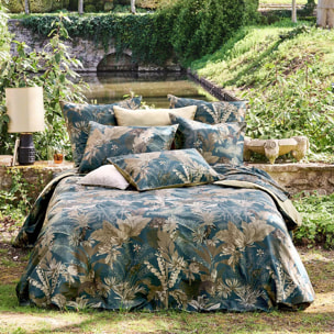 Drap plat satin de coton imprimé bleu marron Rainforest bleu dore