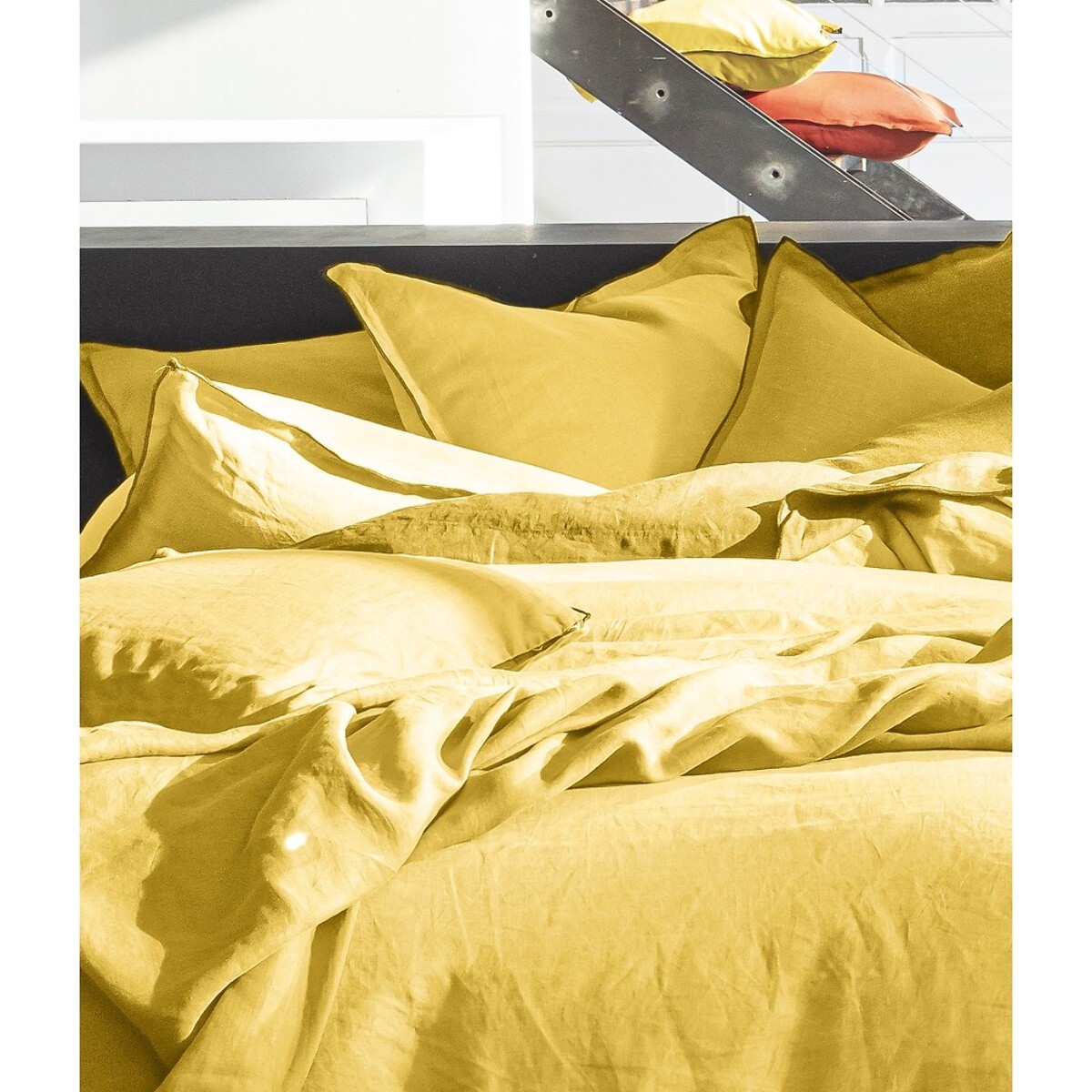 Housse de couette 100% lin lavé jaune paille