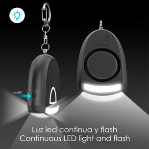Alarma SOS personal con LED brillante y sonido de 130 dB. Batería recargable y activación rápida por tirón de anilla.