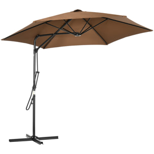 Sombrilla Voladizo de Jardín Ø295x245 cm Parasol Excéntrico Manivela Manual con 6 Varillas de Metal Ventilación y Base Cruzada para Patio Terraza Exterior Marrón