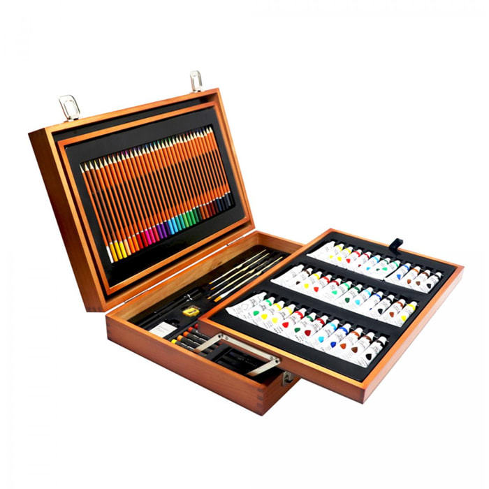 Set professionale per belle arti 174 pezzi in custodia di legno deluxe. Include matite, tubi di vernice acrilica, pastelli, pennarelli, pennelli e accessori.