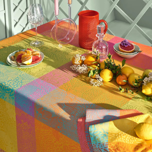 Nappe pur coton enduit motif jacquard bleu jaune orange Mille vagues exotique