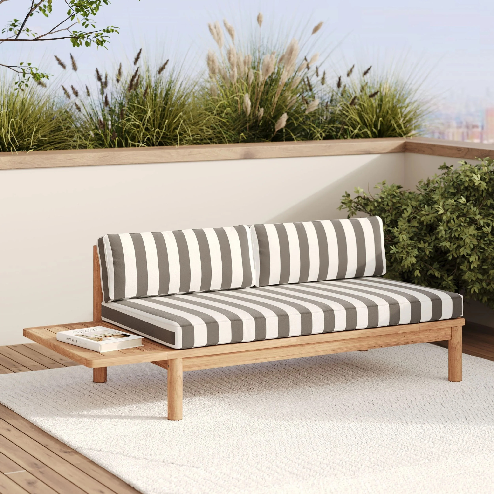 Canapé de jardin en teck massif et coussins rayés gris 2 places - Nadila
