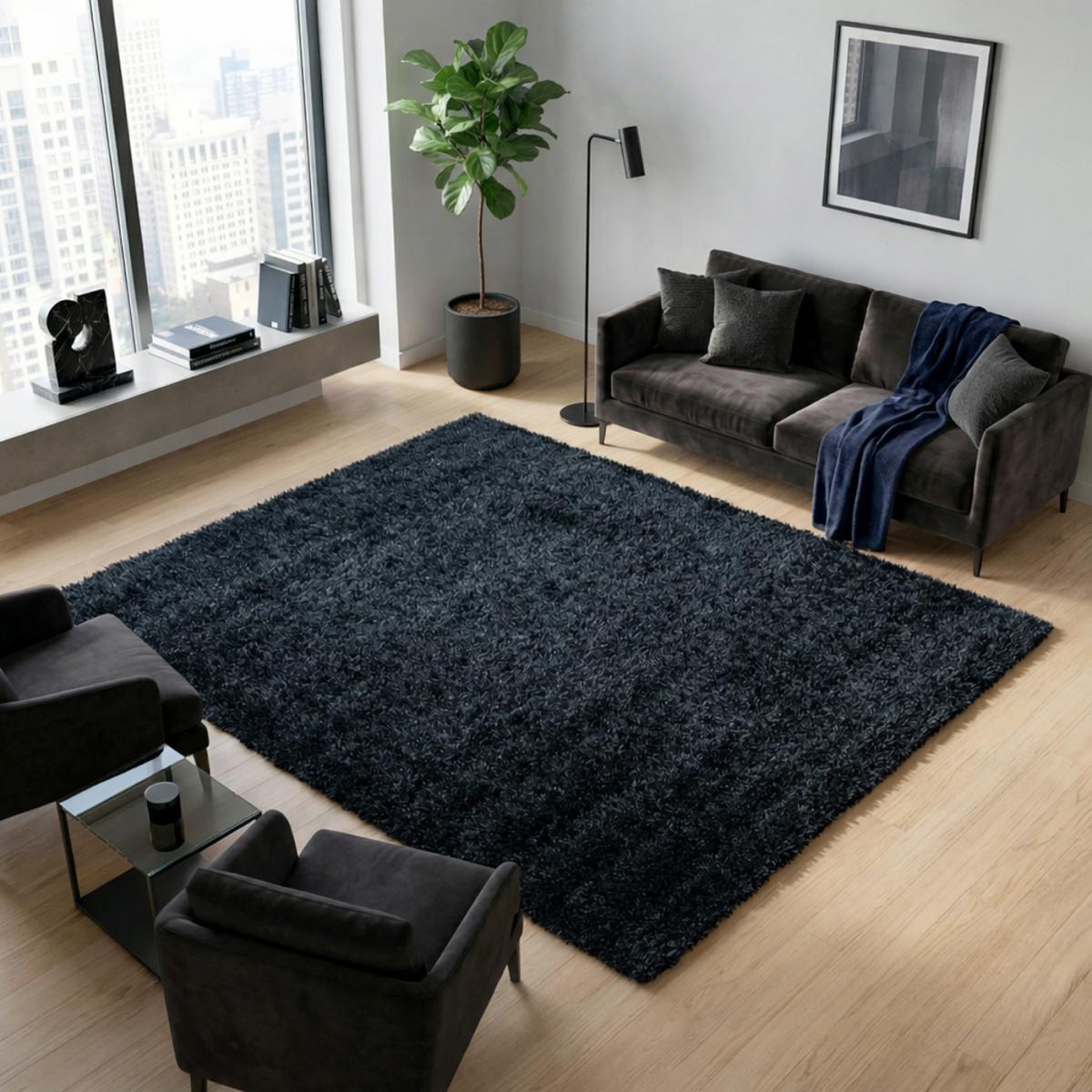 Tapis longs poils shaggy tissé motif uni RAMU