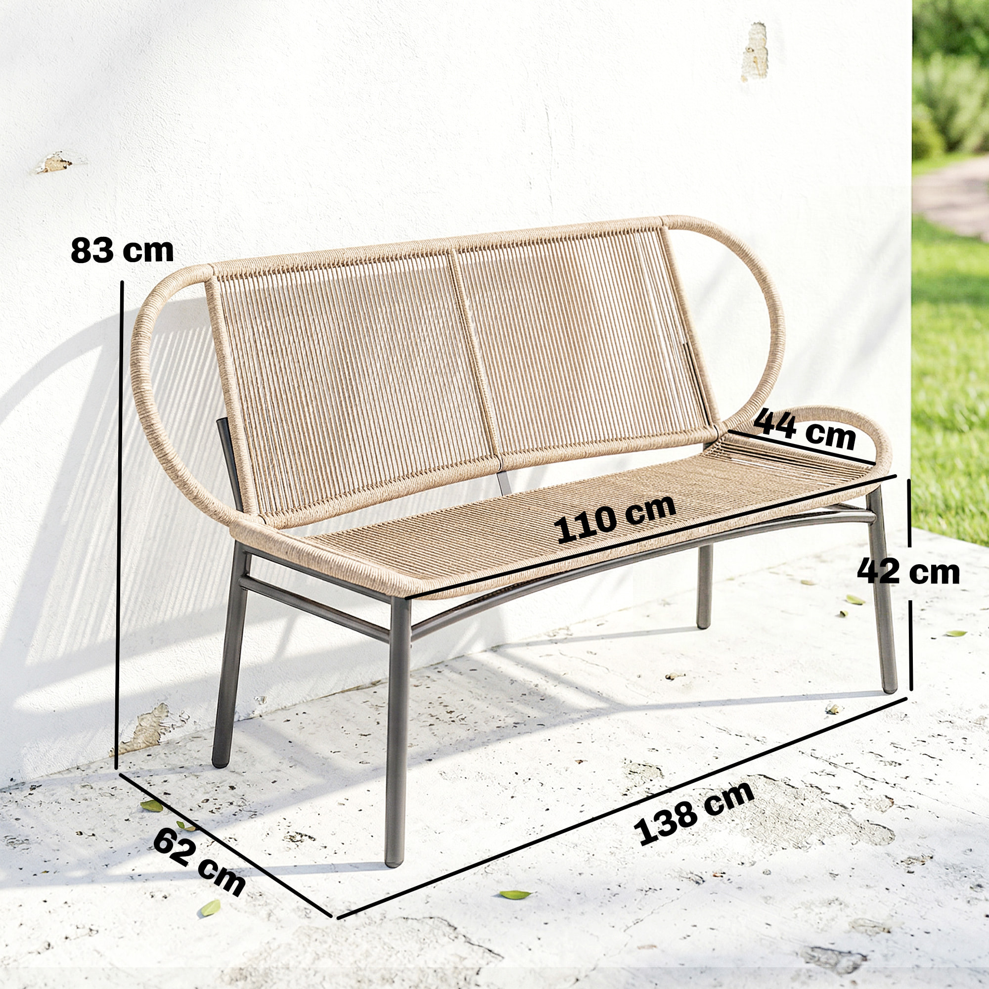 Banc de jardin 2 places design résine filaire effet rotin naturel métal noir